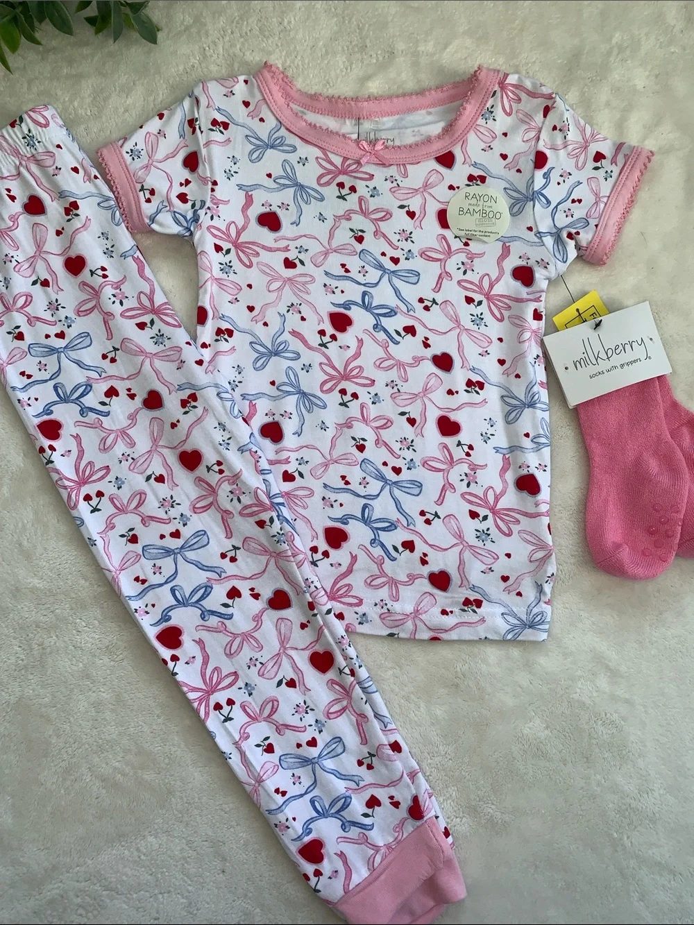 NWT Milkberry Pink Blue Bows & Hearts 3pc Pajama Set Loungewear 3T